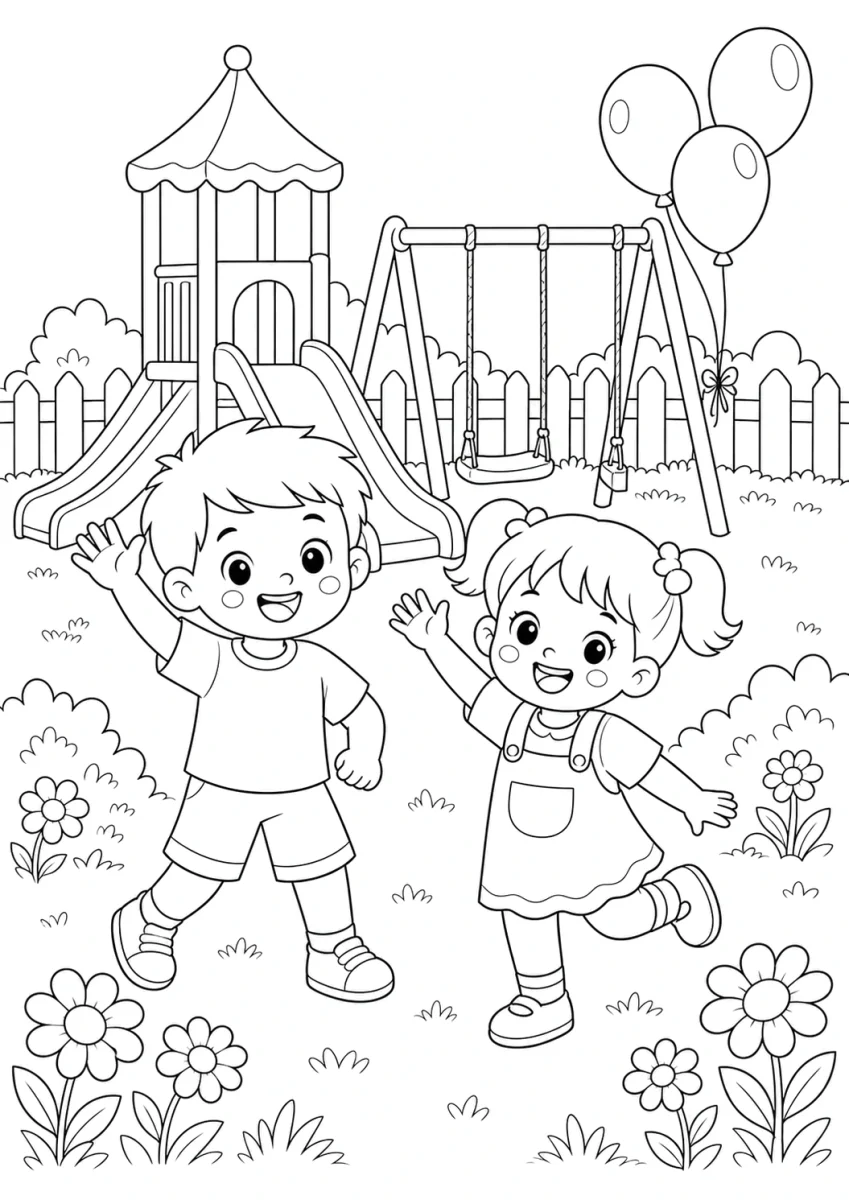playground celebration coloring page for kids, free printable Children's Day activity