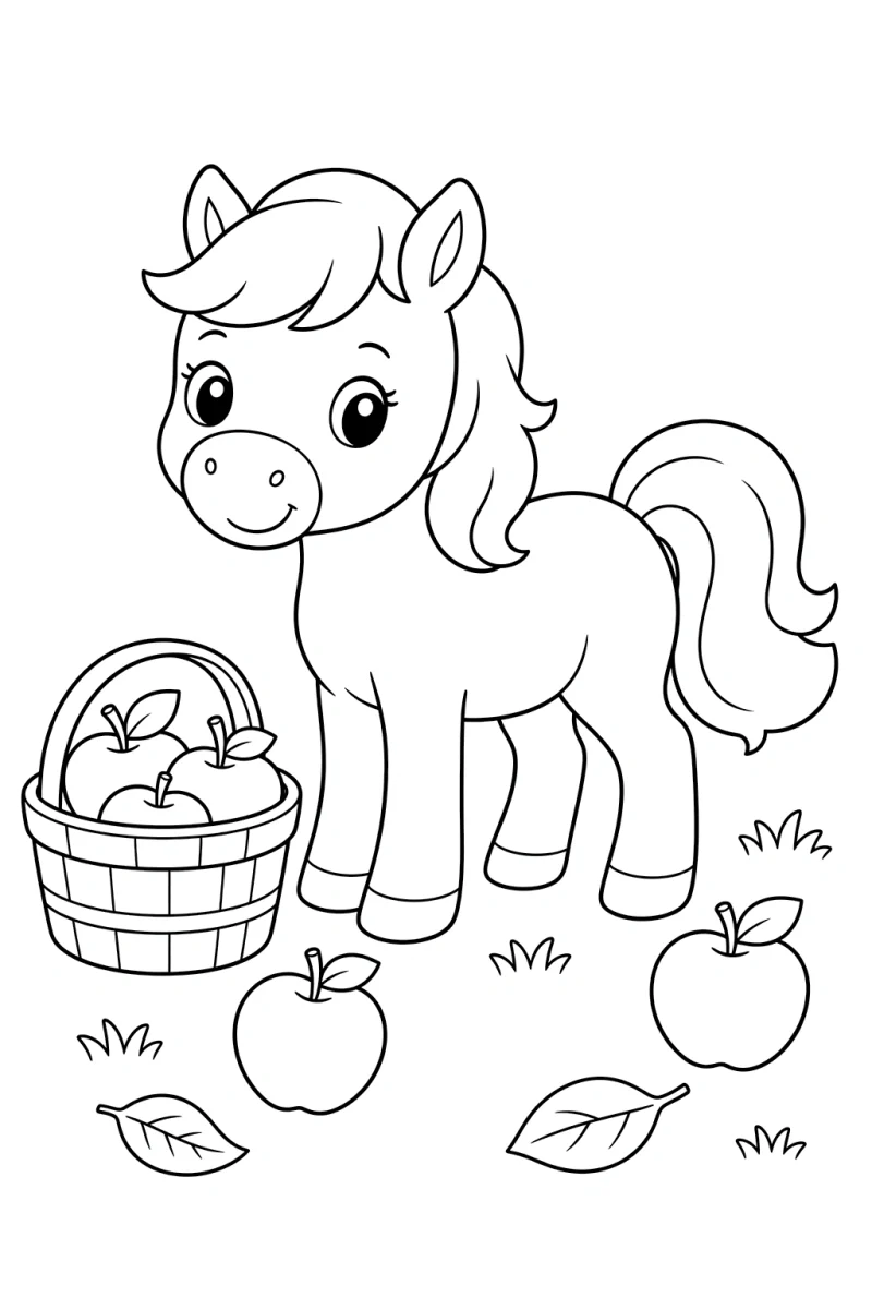 Pony with apples coloring page for kids with apple basket and grass