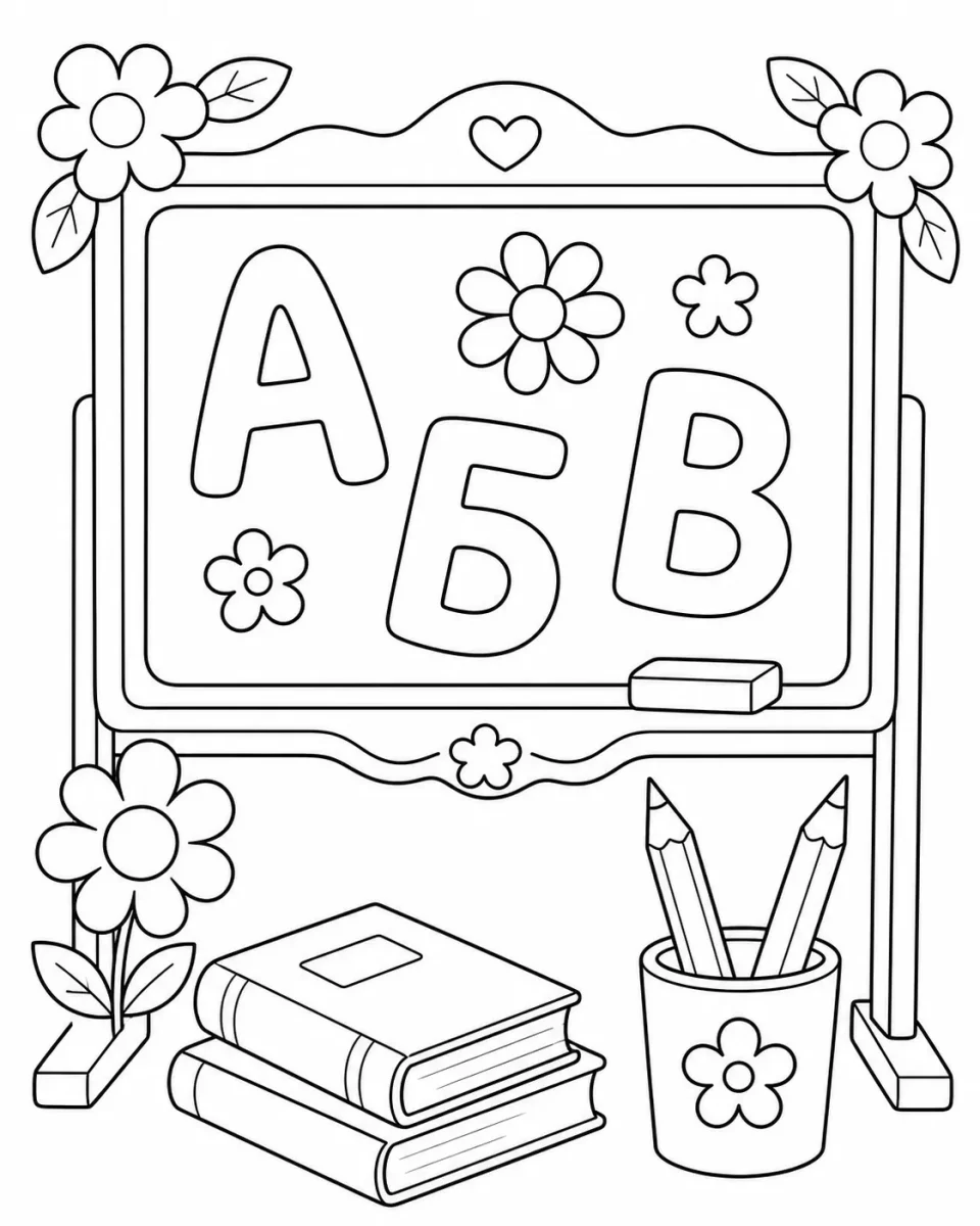 Картинка за оцветяване с празнична училищна дъска, букви, цветя, книги и моливи
