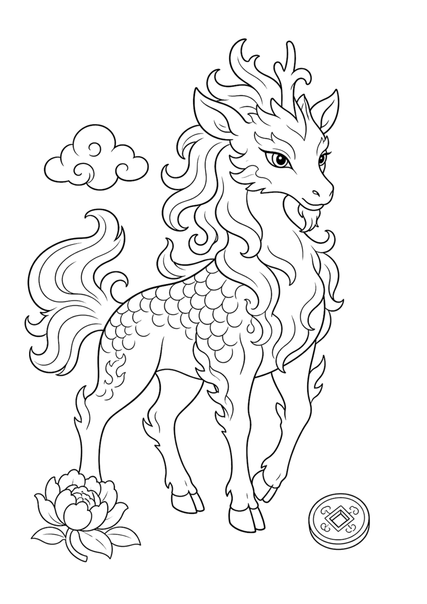 Qilin para colorear para niños - gratis para imprimir