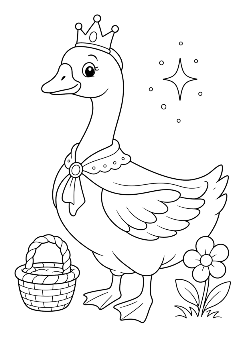 magic goose coloring page for kids, free printable fairy tale coloring page