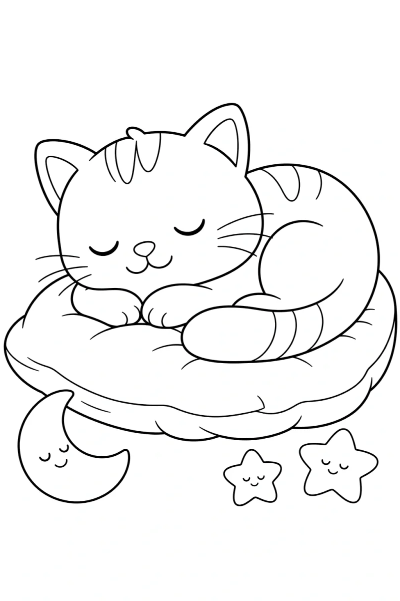 Sleeping Cat Coloring Page for Kids - Free Printable Cozy Cat Sheet