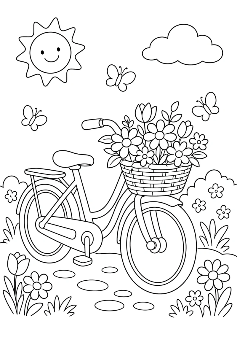 Coloriage vélo de printemps avec panier de fleurs - scène de jardin gratuite à imprimer