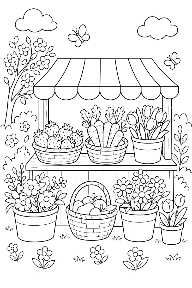 Spring Farmers Market Coloring Page for Kids - Free Printable Market Scene