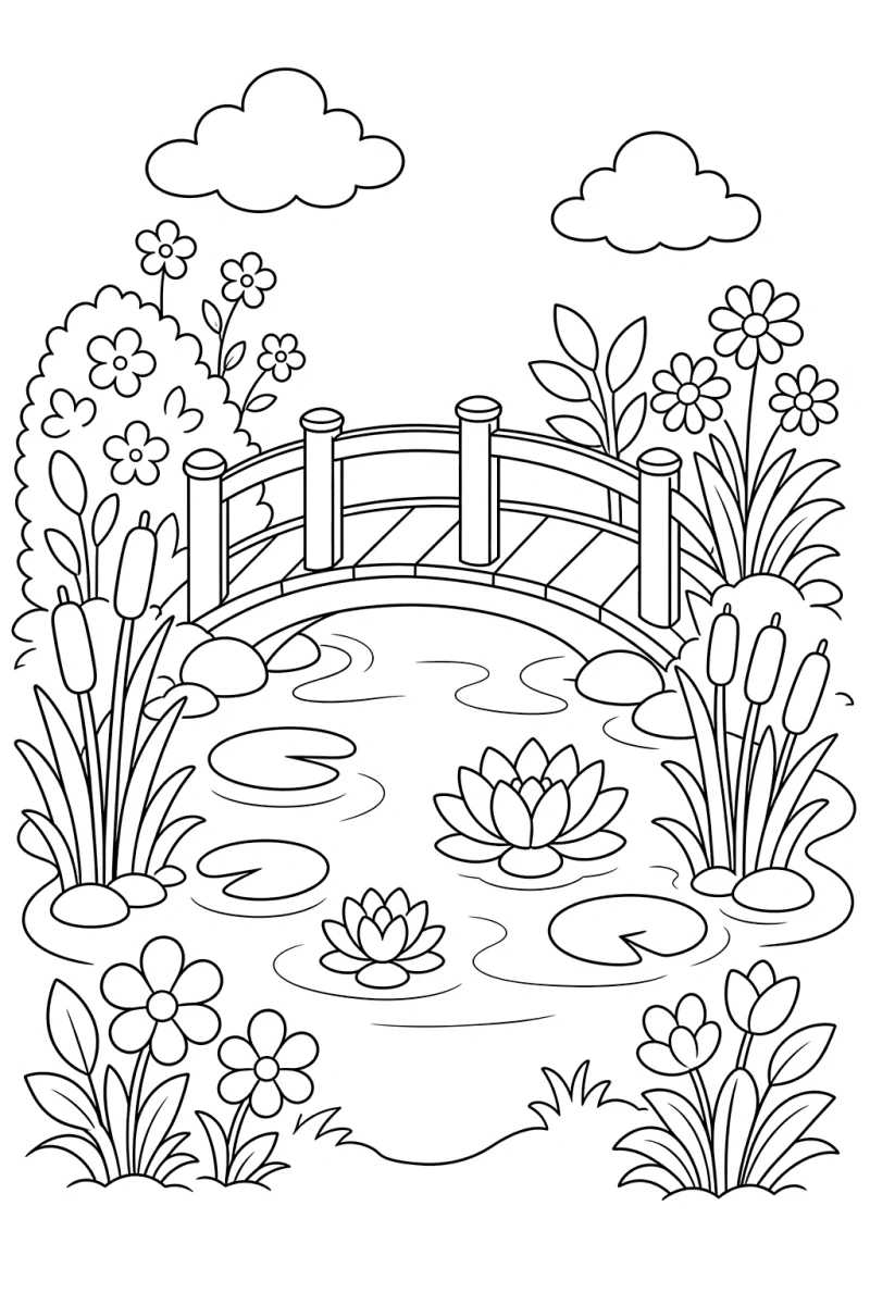 Spring Pond Bridge Coloring Page for Kids - Free Printable Peaceful Nature Scene