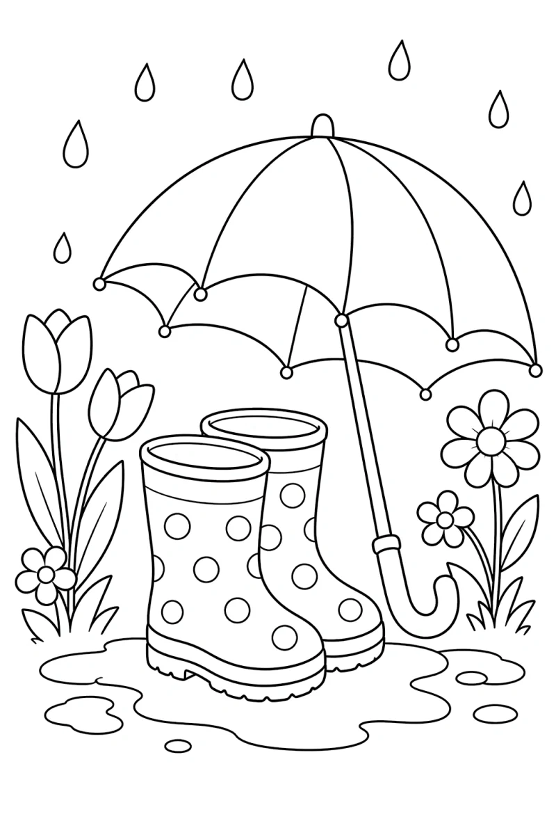 Spring Rain Boots and Umbrella Coloring Page for Kids - Free Printable Rainy Day Scene