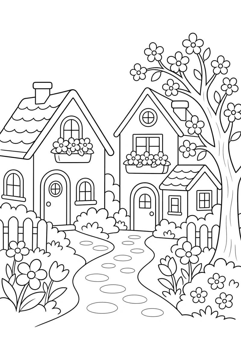 Página para colorear de calle de pueblo en primavera para niños - escena acogedora de pueblo, gratis para imprimir