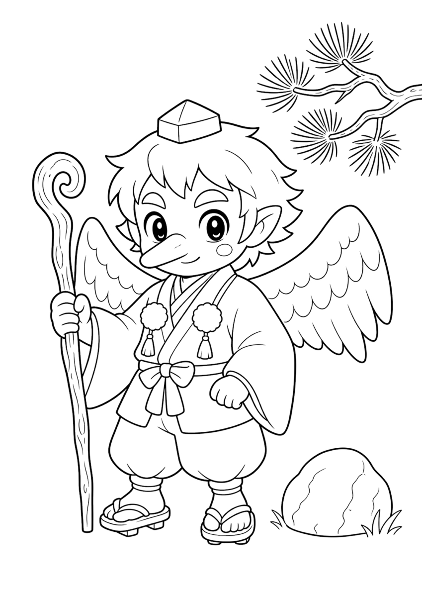Tengu coloring page for kids, free printable Japanese folklore coloring page