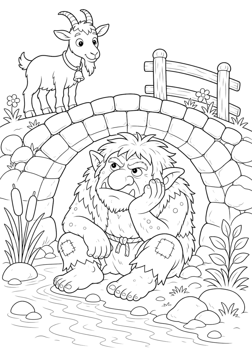 troll under the bridge coloring page for kids, free printable folklore coloring page