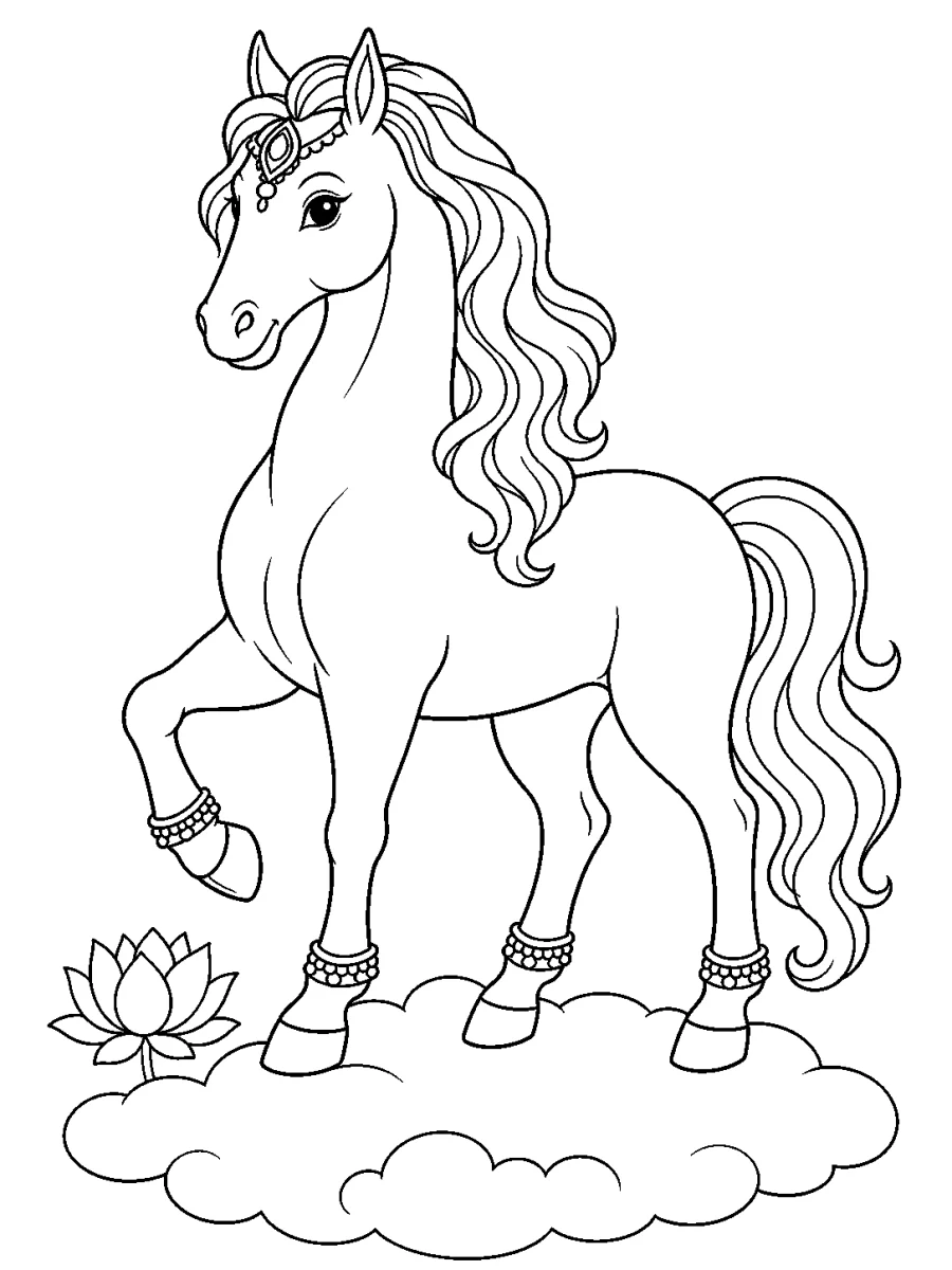 Uchchaihshravas celestial horse coloring page with cloud and lotus for kids