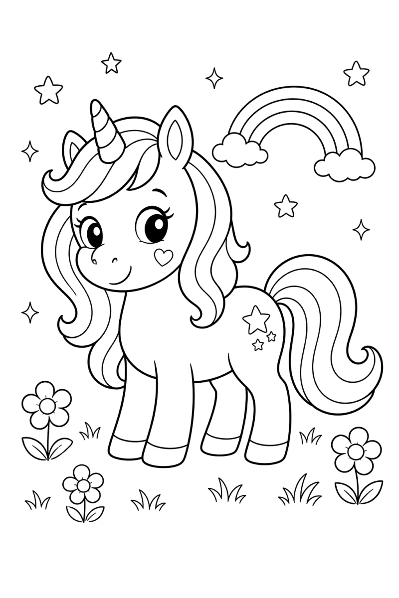 Dibujo de poni unicornio para colorear para niños con flores y estrellas mágicas