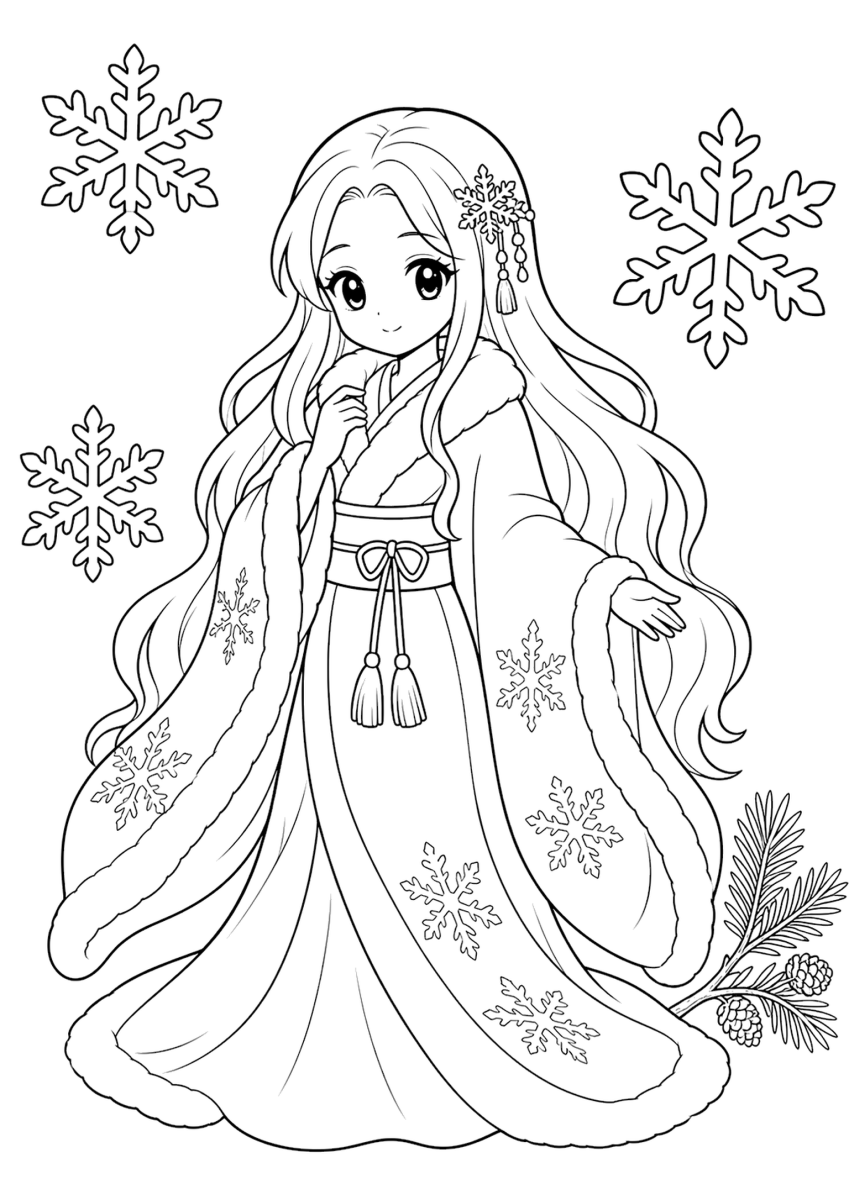 Yuki Onna coloring page for kids, free printable Japanese folklore coloring page