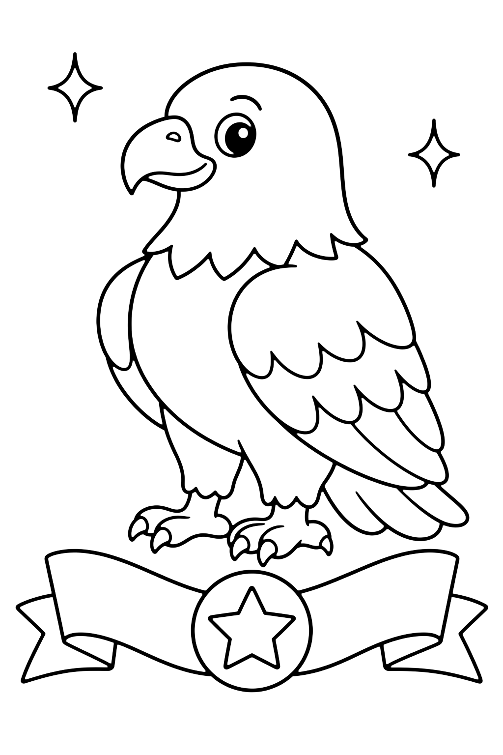 Bald Eagle coloring page with one friendly bald eagle with folded wings, a ribbon with one star, and two tiny sparkles