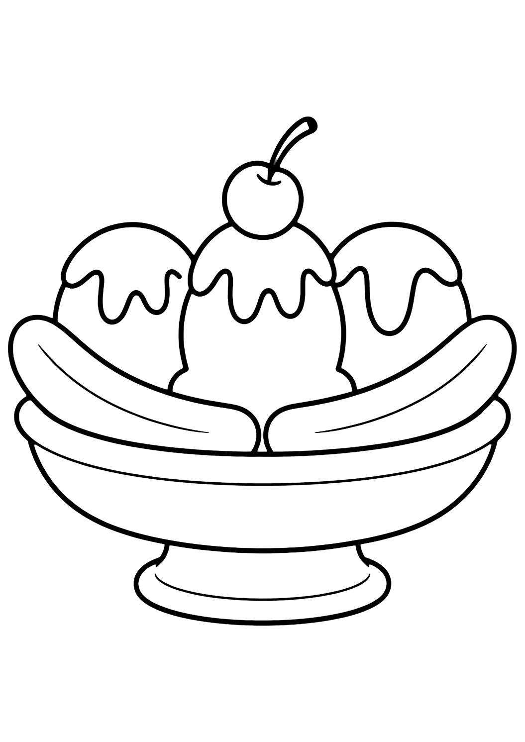 banana split coloring page with a banana split dessert with a long banana, three scoops, whipped cream, cherries, and a simple oval dish for kids