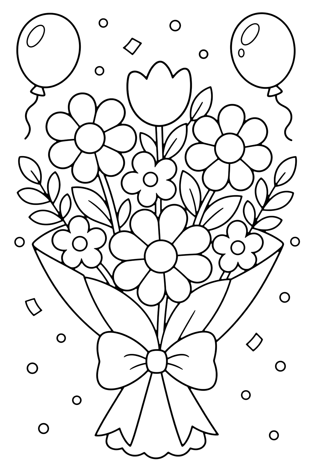 Geburtstags-Blumenstrauß Ausmalbild mit ein fröhlicher Strauß mit Blumen, einer Schleife, zwei kleinen Luftballons, Konfettipunkten und belaubten Stielen