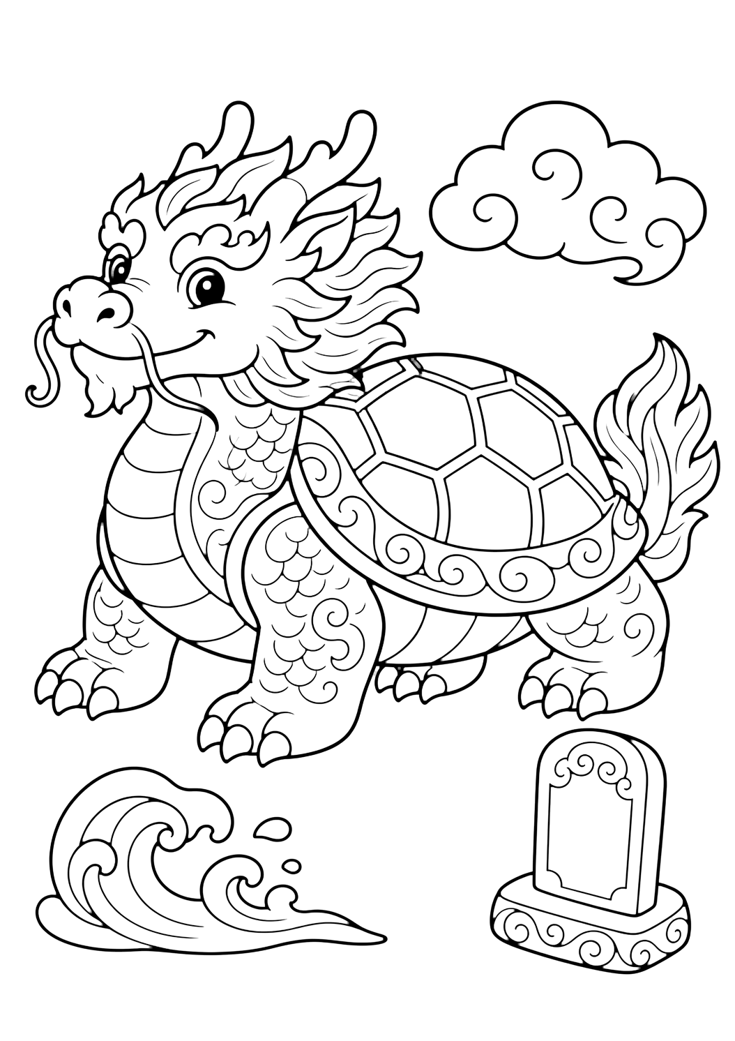 Disegno da colorare di Bixi, tartaruga drago, con una tartaruga drago dal guscio decorato, ricciolo d’onda e tavoletta di pietra