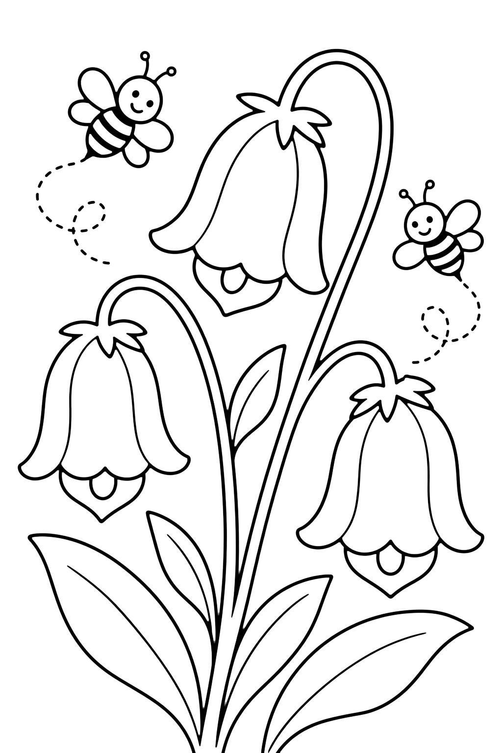 Campanule e api da colorare con tre fiori selvatici a forma di campana, due piccole api, steli curvi, foglie semplici e minuscole linee tratteggiate di volo