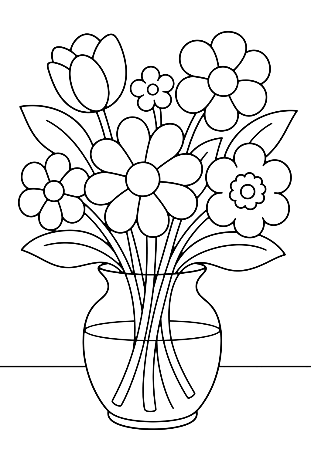 Blumenstrauß in einer Vase Ausmalbild mit eine Vase voller gemischter Blumen, runde Blütenblätter, lange Blätter, eine Wasserlinie und eine einfache Tischlinie