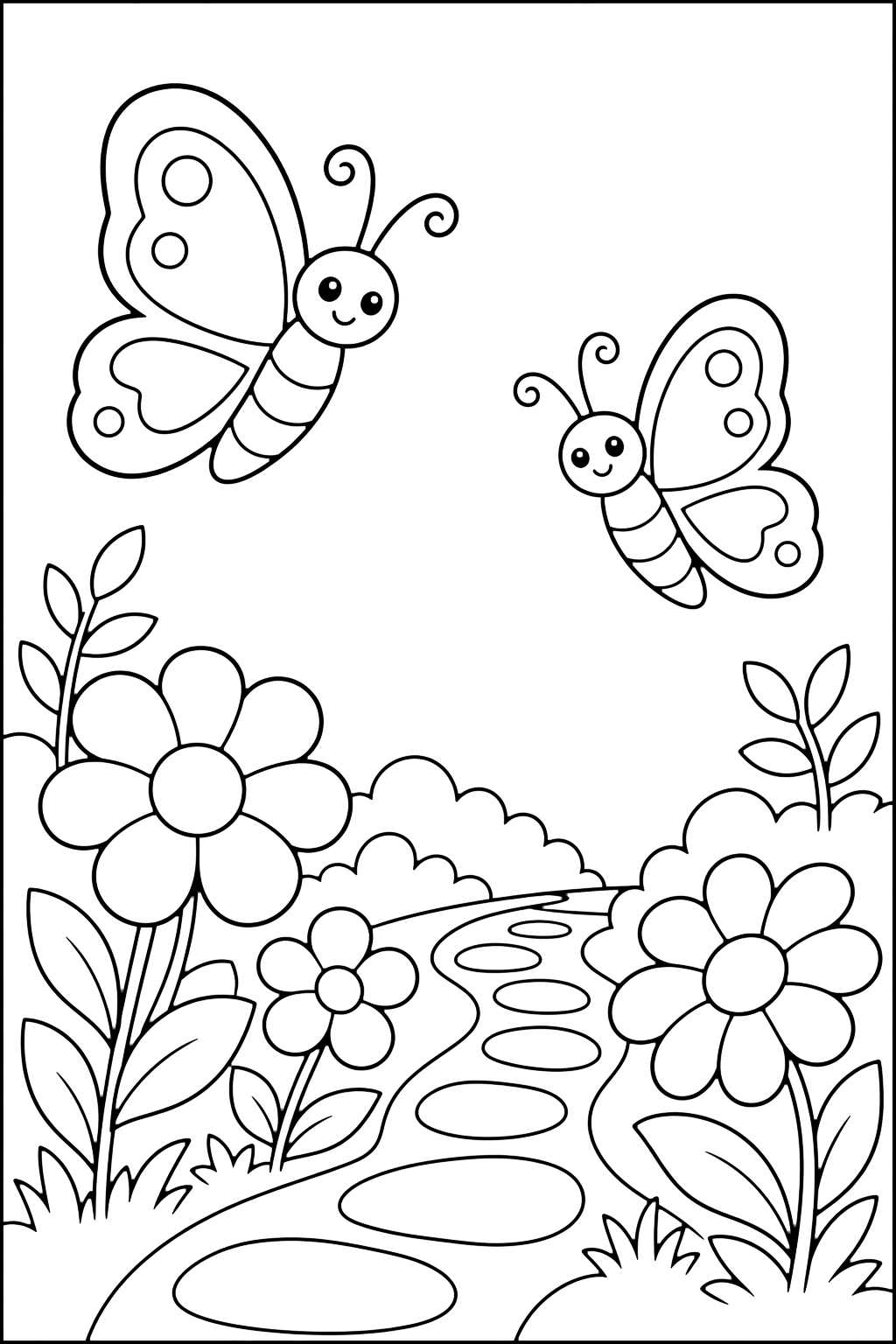 Jardín con mariposas para colorear con dos mariposas volando sobre flores sencillas, tallos con hojas, un pequeño camino de jardín y espacio abierto de cielo