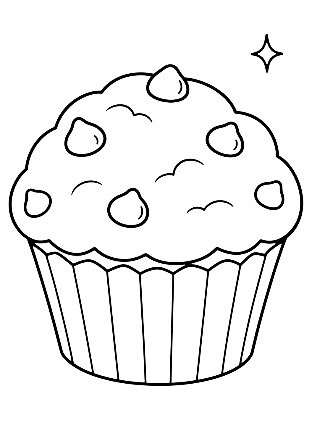 Chocolate Chip Muffin coloring page with one cute chocolate chip muffin in a paper liner with a rounded top, a few visible chocolate chips, and a tiny sparkle