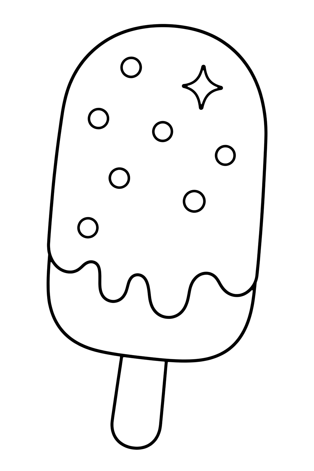 Chocolate-Dipped Ice Cream Bar coloring page with one cute chocolate-dipped ice cream bar on a stick with a smooth coating, a few simple topping dots, and a tiny sparkle