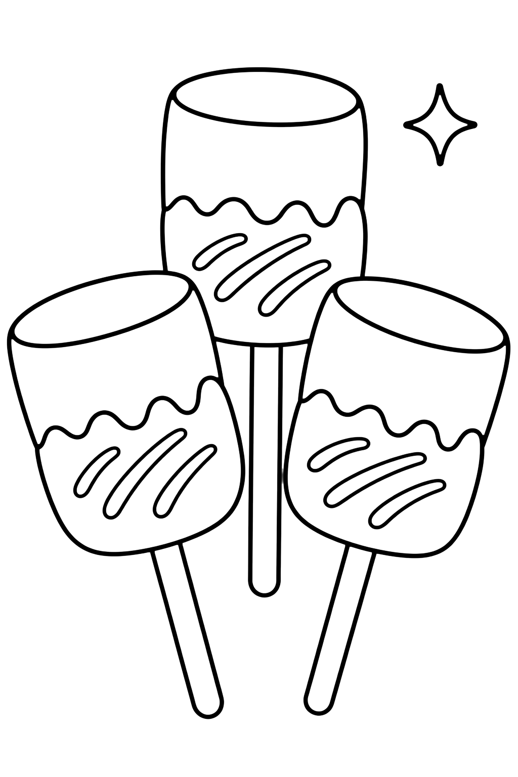 Chocolate-Dipped Marshmallows coloring page with three cute marshmallows partly dipped in chocolate on small sticks, with a few tiny drizzle lines and a small sparkle