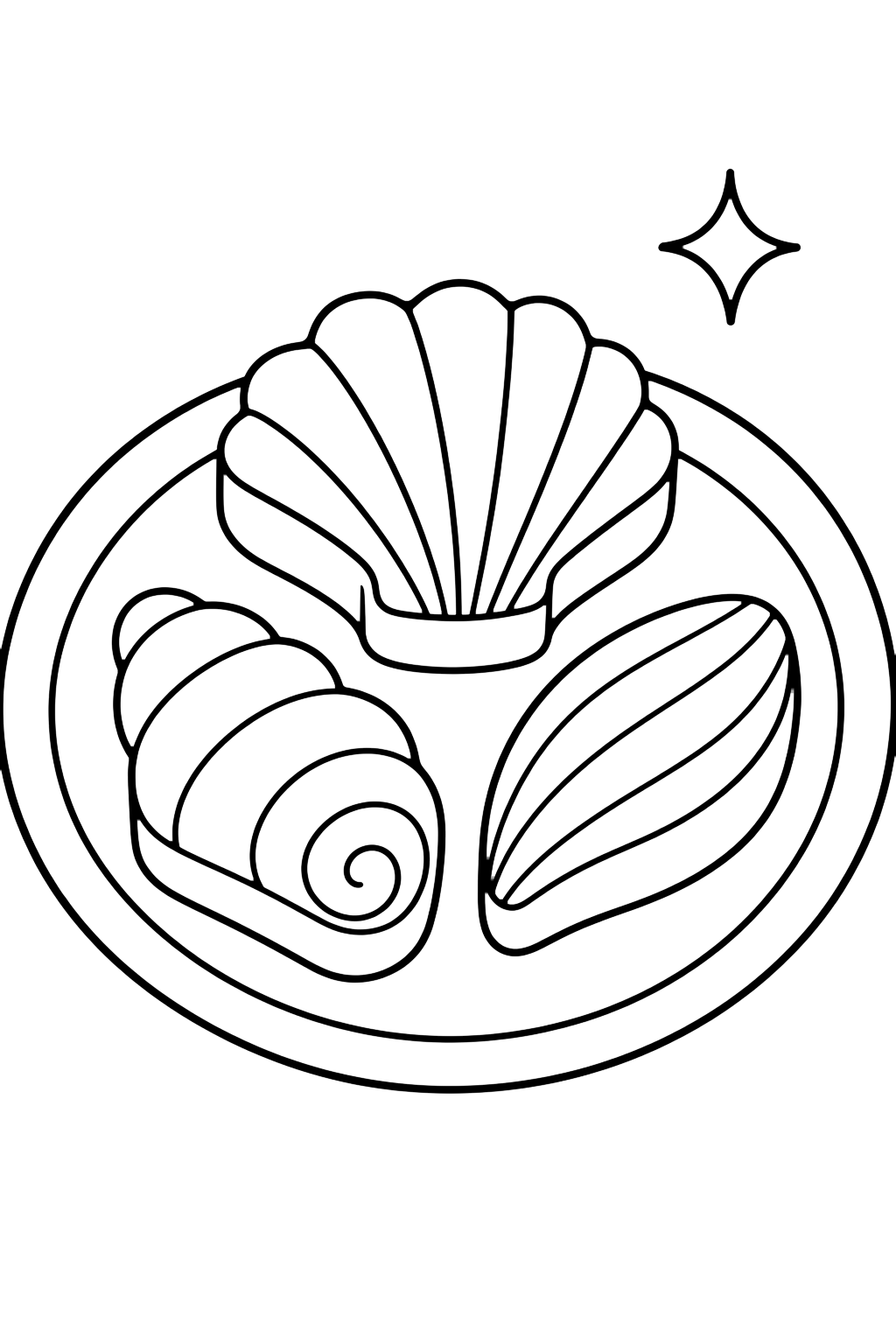 Chocolate Seashells coloring page with three cute chocolate seashell pieces with simple shell ridges on a small plate, plus a tiny sparkle