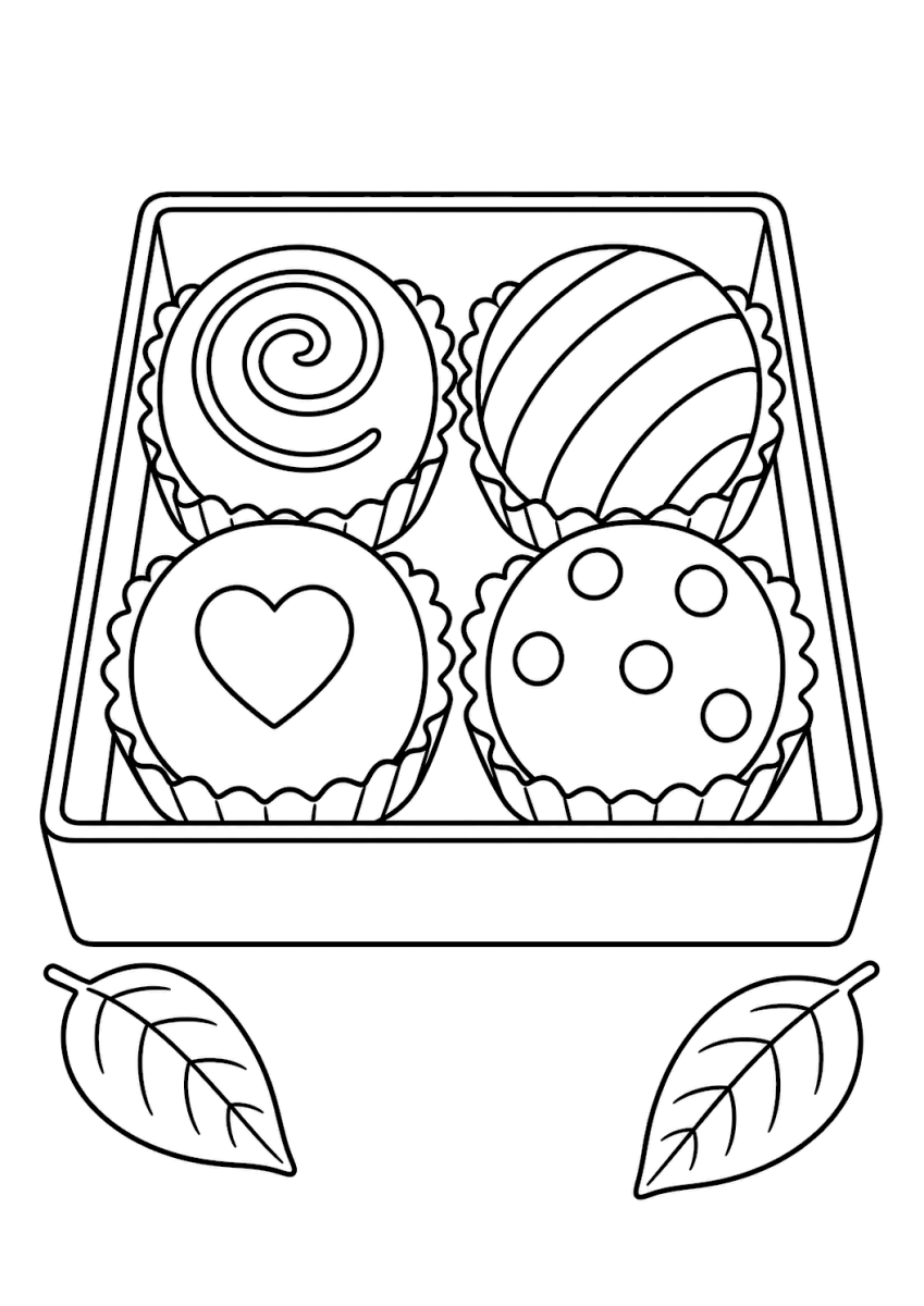 Dibujo para colorear de trufas de chocolate con cuatro chocolates decorados en una caja de regalo
