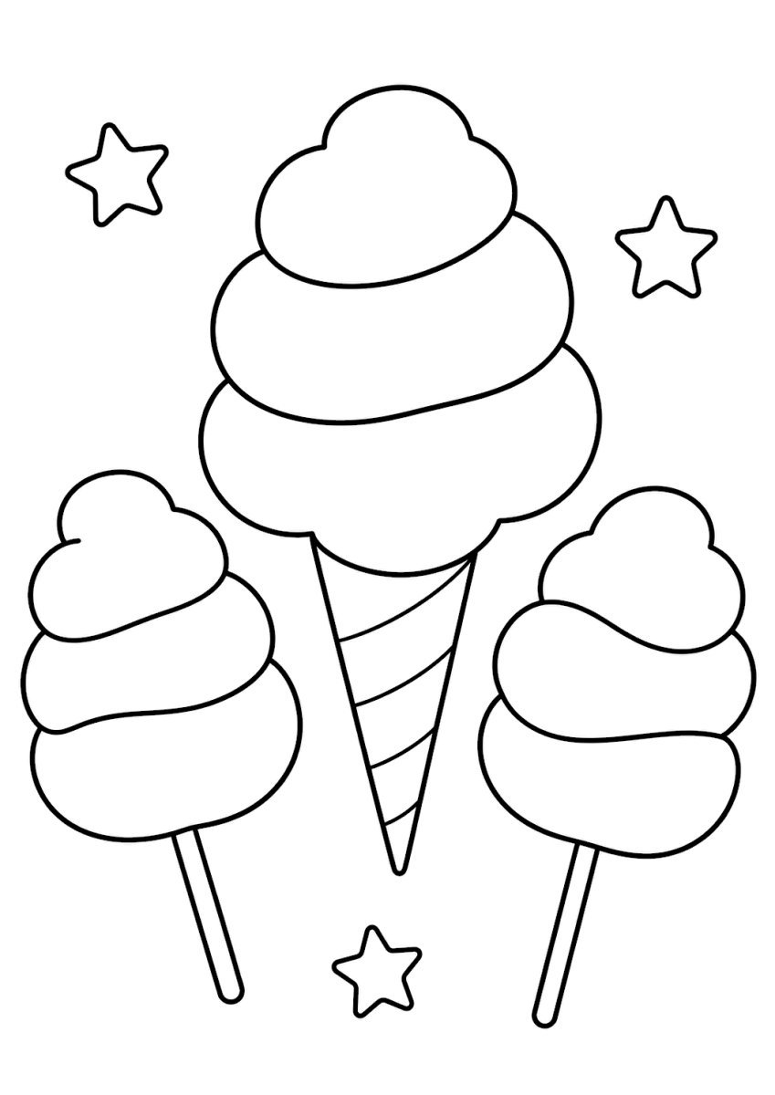 Cotton candy coloring page with three fluffy treats and stars