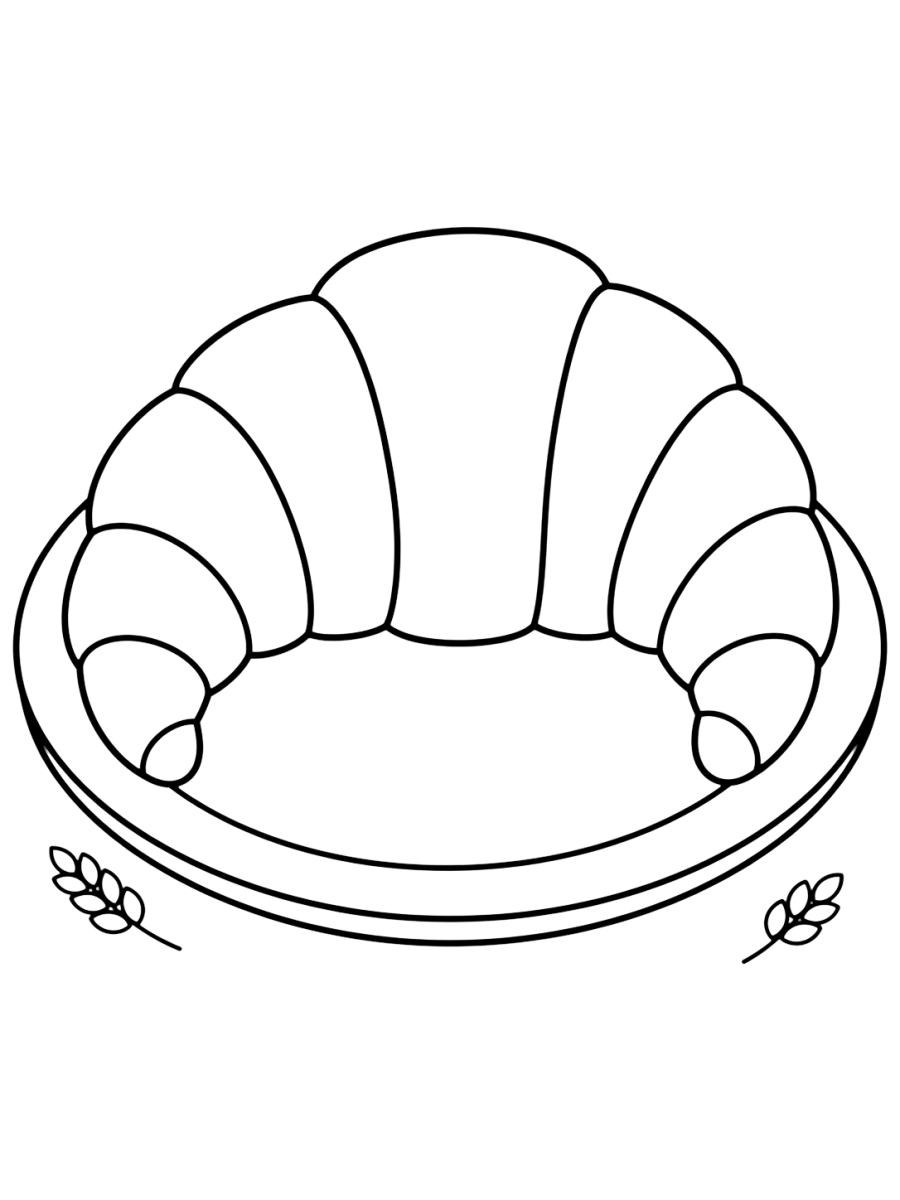 Croissant coloring page with a large pastry on a round plate
