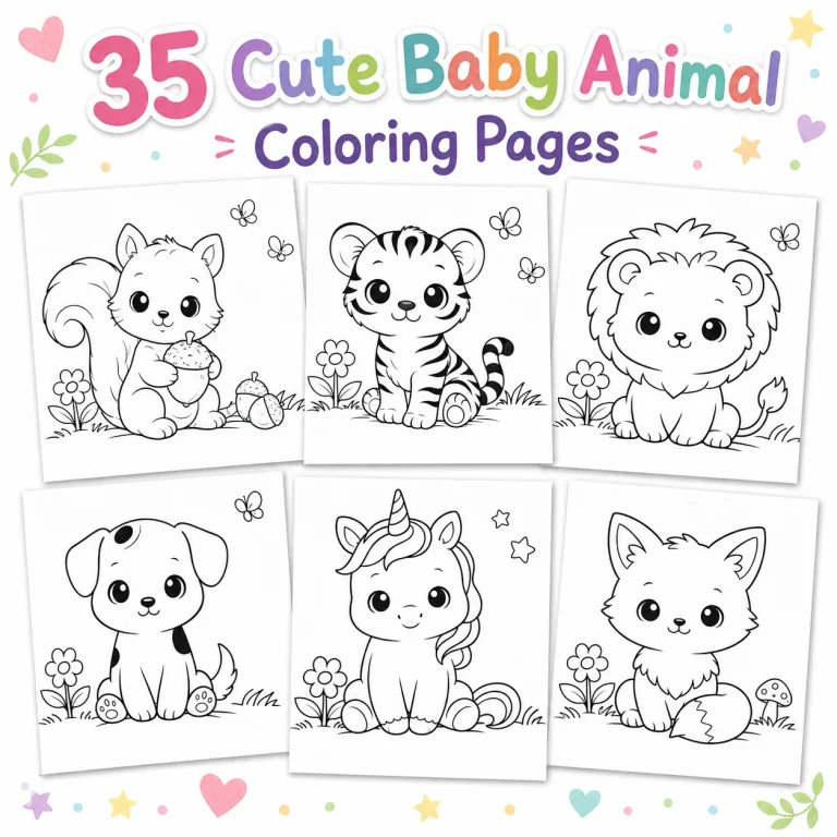 Cute Baby Animals Coloring Pages sampler showing multiple printable animal pages.