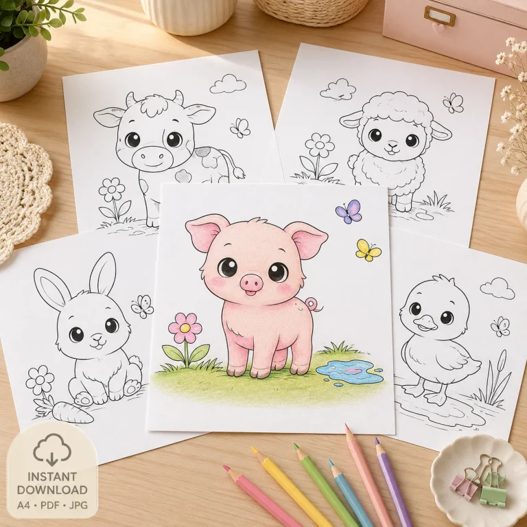 Cute Baby Animals Coloring Pages preview with printed animal sheets and colored examples.