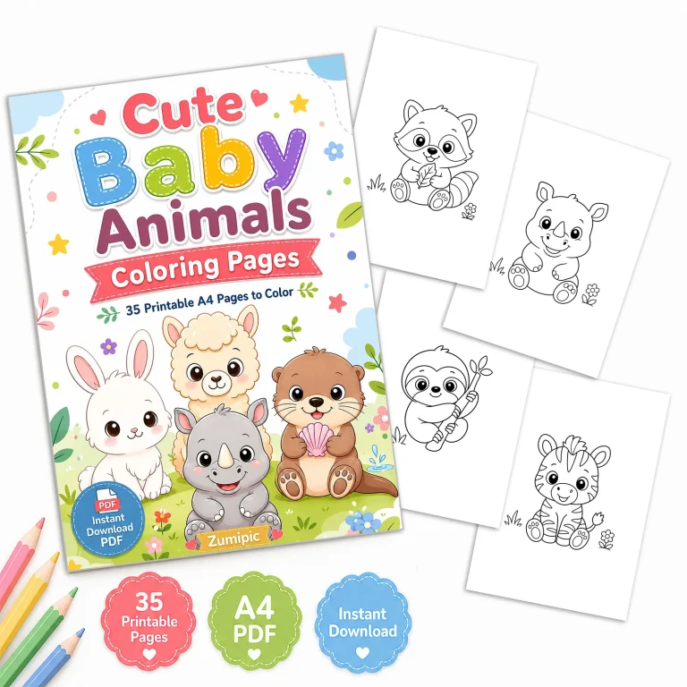 Cute Baby Animals Coloring Pages printable PDF cover with sample animal coloring sheets.