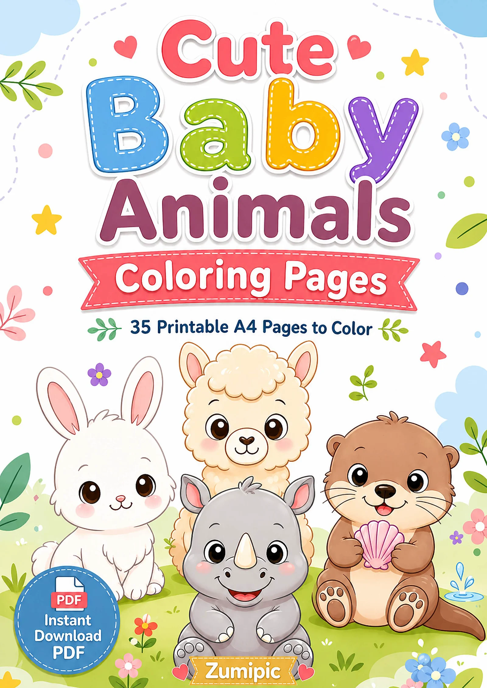 Cute Baby Animals Coloring Pages printable PDF cover with rabbit, llama, rhino, and otter illustrations.