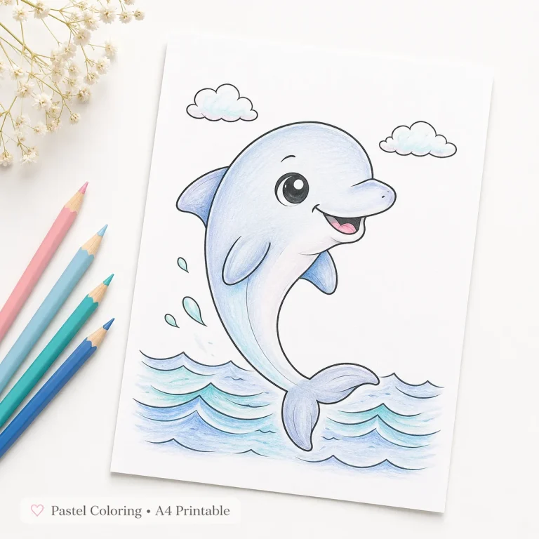 Cute Baby Animals Coloring Pages dolphin printable coloring sheet preview.