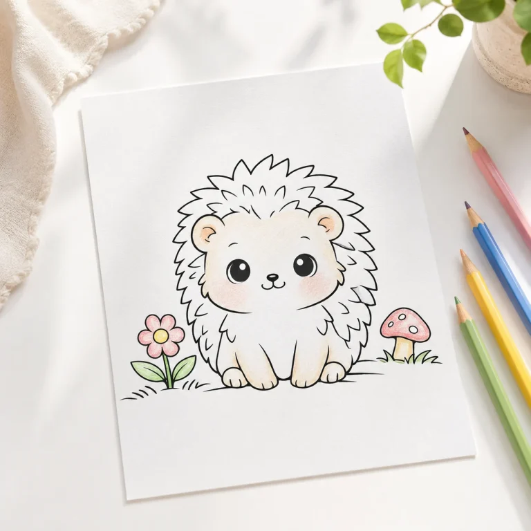 Cute Baby Animals Coloring Pages hedgehog printable coloring sheet preview.