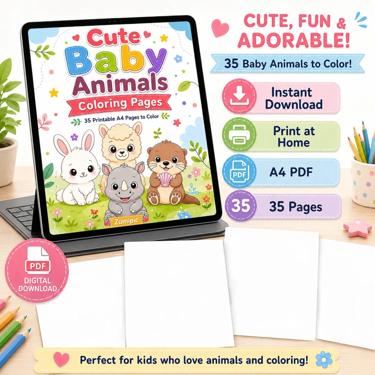 Cute Baby Animals Coloring Pages product preview with iPad mockup, instant download, print at home, A4 PDF, and 35 pages details.