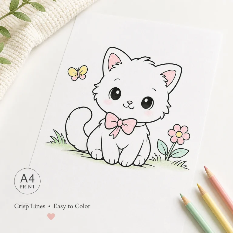 Cute Baby Animals Coloring Pages kitten printable coloring sheet preview.