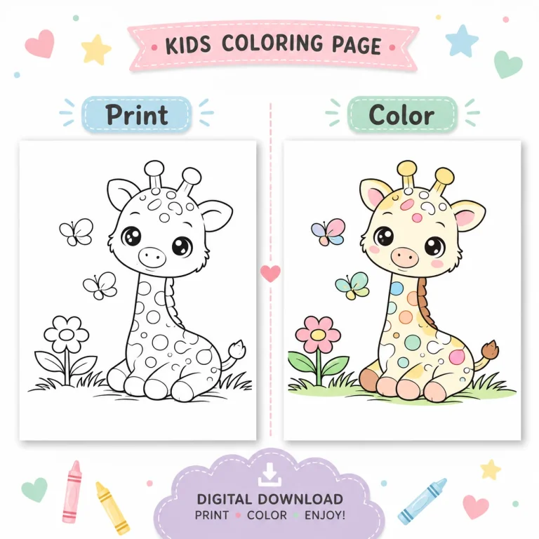 Cute Baby Animals Coloring Pages print and color preview with giraffe sheet.