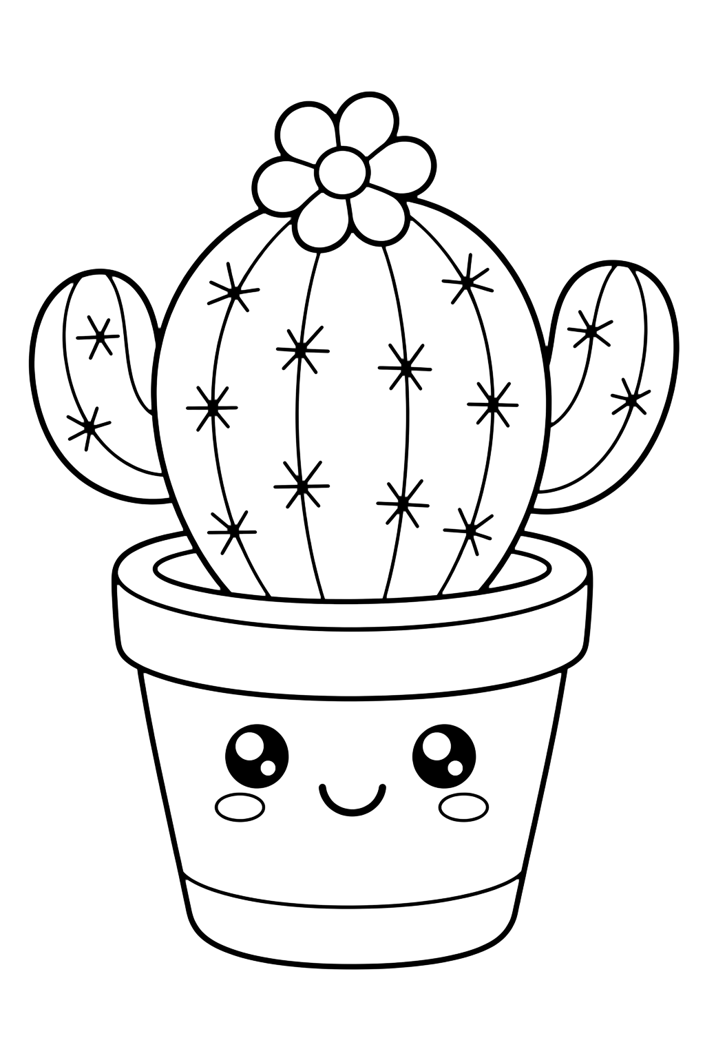 Petit cactus mignon à colorier avec un petit cactus rond dans un pot, deux bras sur les côtés, des épines simples, une minuscule fleur et un pot souriant