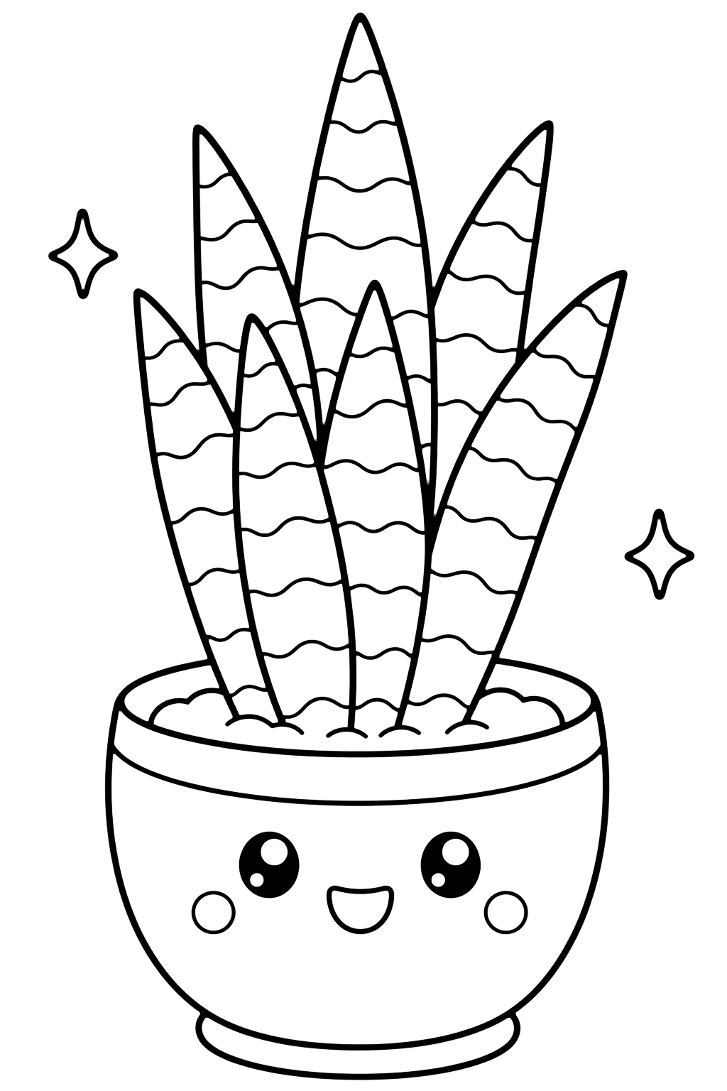 Jolie sansevière en pot à colorier avec une jolie sansevière dans un pot arrondi, de hautes feuilles rayées, un visage souriant sur le pot et deux petites étincelles