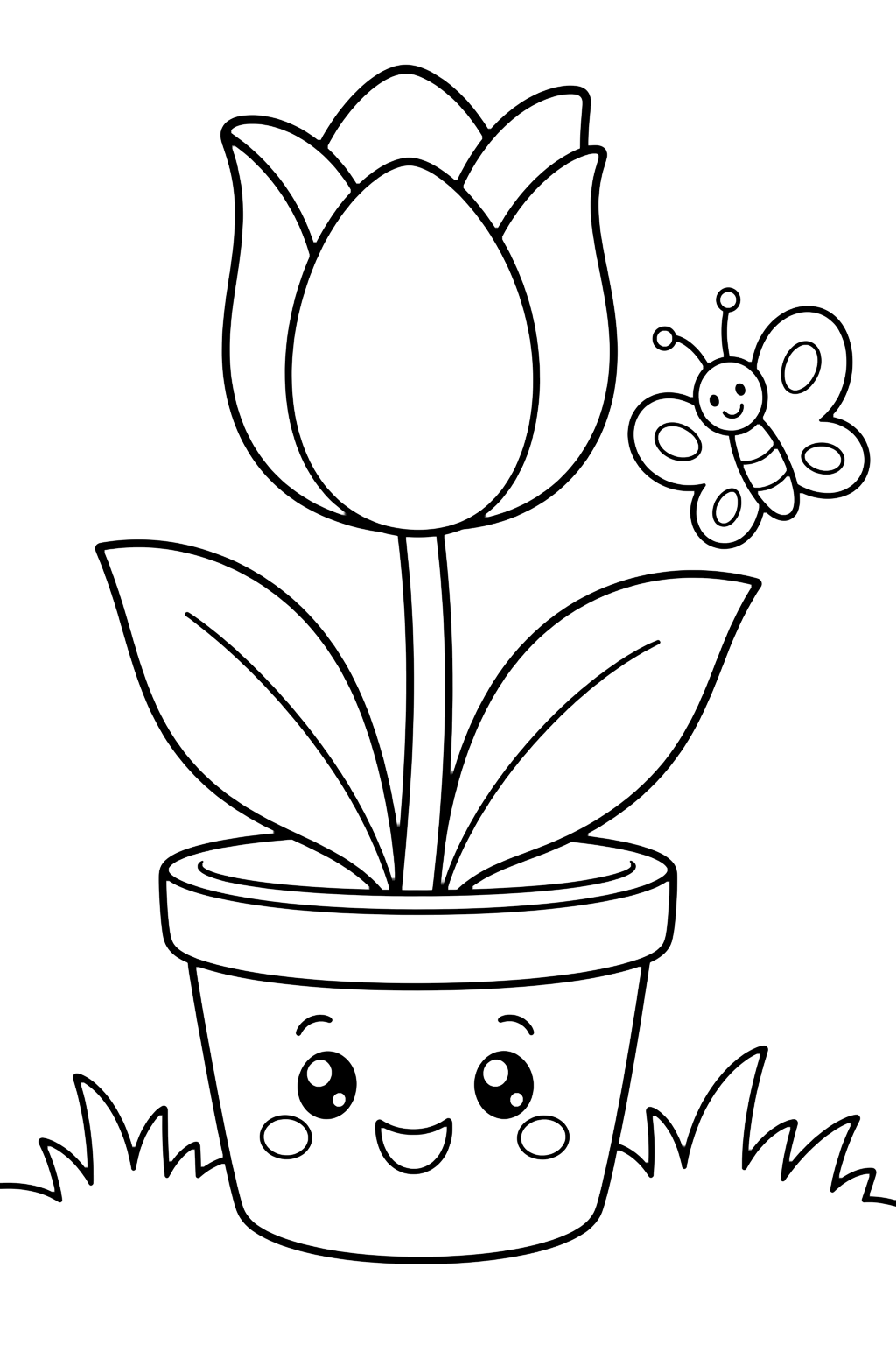 cute tulip with butterfly coloring page with one large tulip with a friendly face on the pot, a small butterfly, two leaves, and simple grass lines for kids