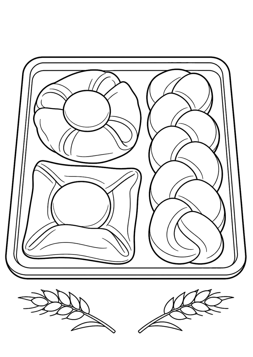 Danish pastry coloring page with folded, round, and braided pastries on a tray