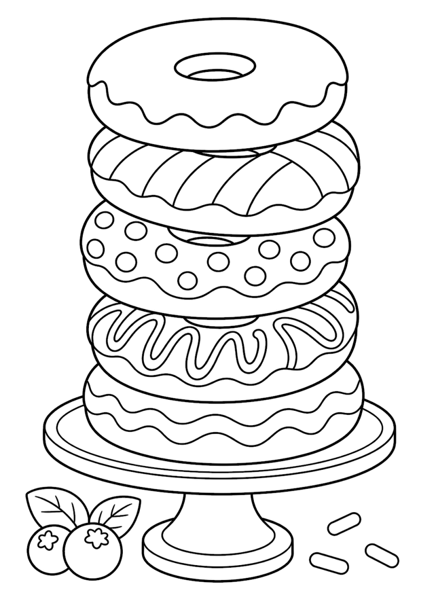 Donut stack coloring page with five decorated donuts on a stand
