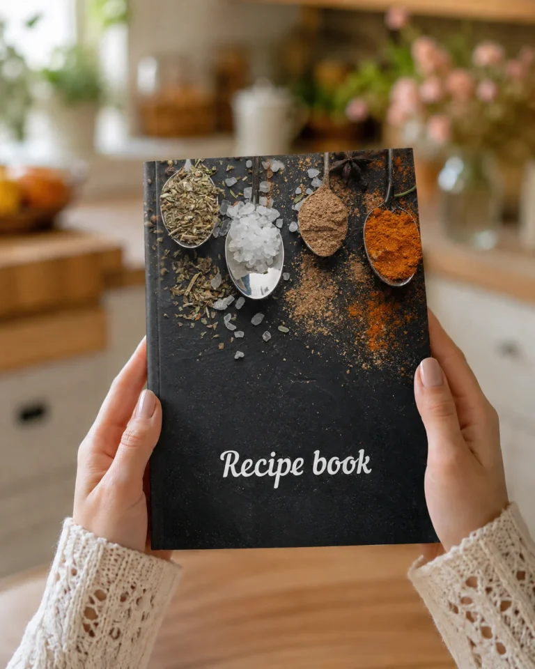 Family Recipe Book to Write In cover held in a kitchen setting.