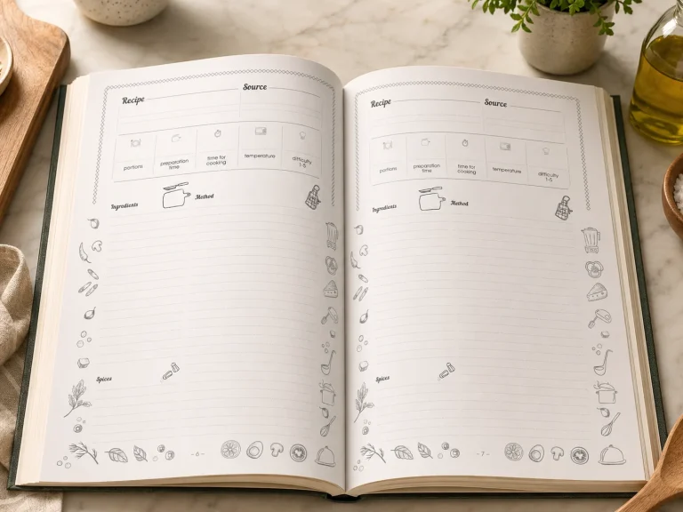 Open Family Recipe Book showing blank recipe pages for ingredients, directions, and notes.