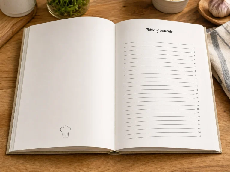 Open Family Recipe Book showing table of contents pages for organizing recipes.