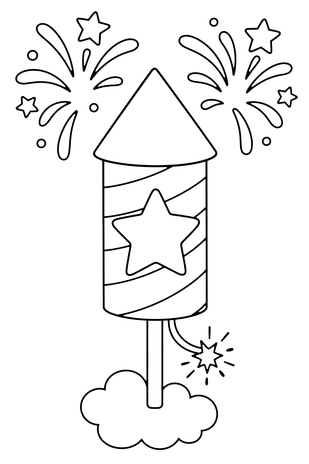 Fireworks Rocket coloring page with one cute fireworks rocket with a striped body, a star label, simple spark bursts above it, and a tiny cloud puff below