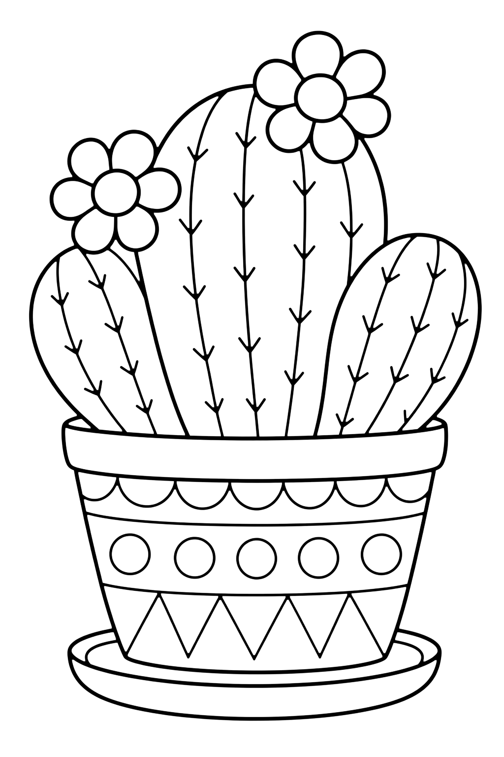 Cactus con flores en maceta para colorear con un cactus en una maceta decorada con tres tallos redondeados, dos flores, marcas sencillas de espinas y un platito