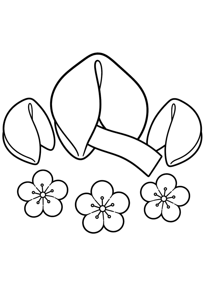 Fortune cookie coloring page with three cookies and a blank paper fortune